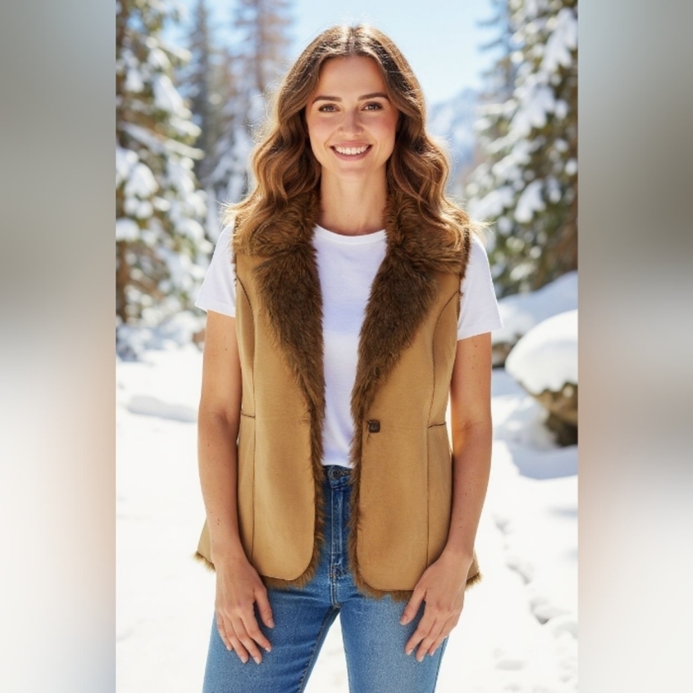 Fever -Vintage Faux Fur, Full Vest Polyester Suede, Size L Tan, 1 Button Closure - Picture 2 of 16